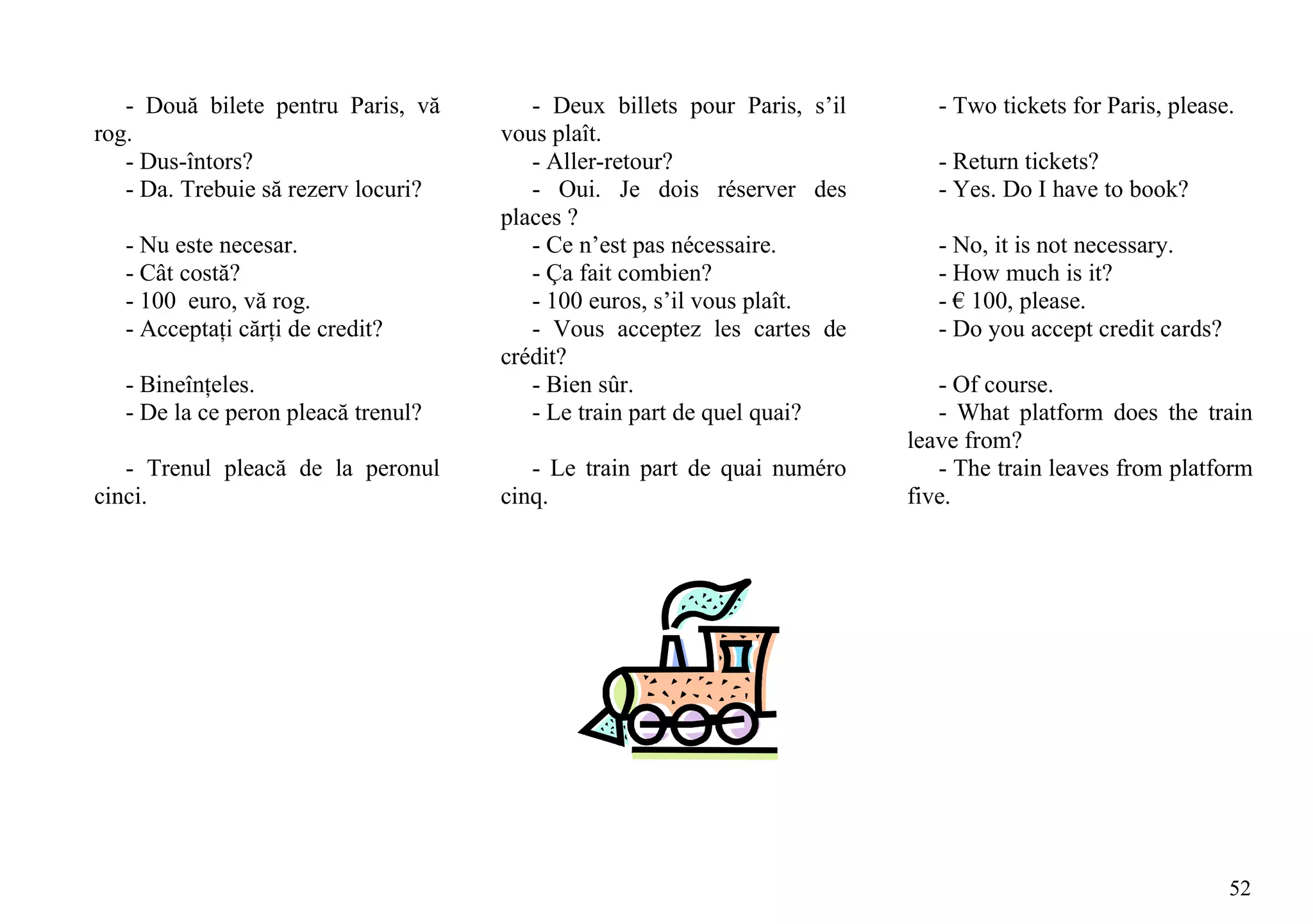- Două bilete pentru Paris, vă       - Deux billets pour Paris, s’il      - Two tickets for Paris, please.
rog.                                 vous plaît.
   - Dus-întors?                        - Aller-retour?                      - Return tickets?
   - Da. Trebuie să rezerv locuri?      - Oui. Je dois réserver des          - Yes. Do I have to book?
                                     places ?
   - Nu este necesar.                   - Ce n’est pas nécessaire.           - No, it is not necessary.
   - Cât costă?                         - Ça fait combien?                   - How much is it?
   - 100 euro, vă rog.                  - 100 euros, s’il vous plaît.        - € 100, please.
   - Acceptaţi cărţi de credit?         - Vous acceptez les cartes de        - Do you accept credit cards?
                                     crédit?
   - Bineînţeles.                       - Bien sûr.                          - Of course.
   - De la ce peron pleacă trenul?      - Le train part de quel quai?        - What platform does the train
                                                                          leave from?
   - Trenul pleacă de la peronul        - Le train part de quai numéro       - The train leaves from platform
cinci.                               cinq.                                five.




                                                                                                             52
 