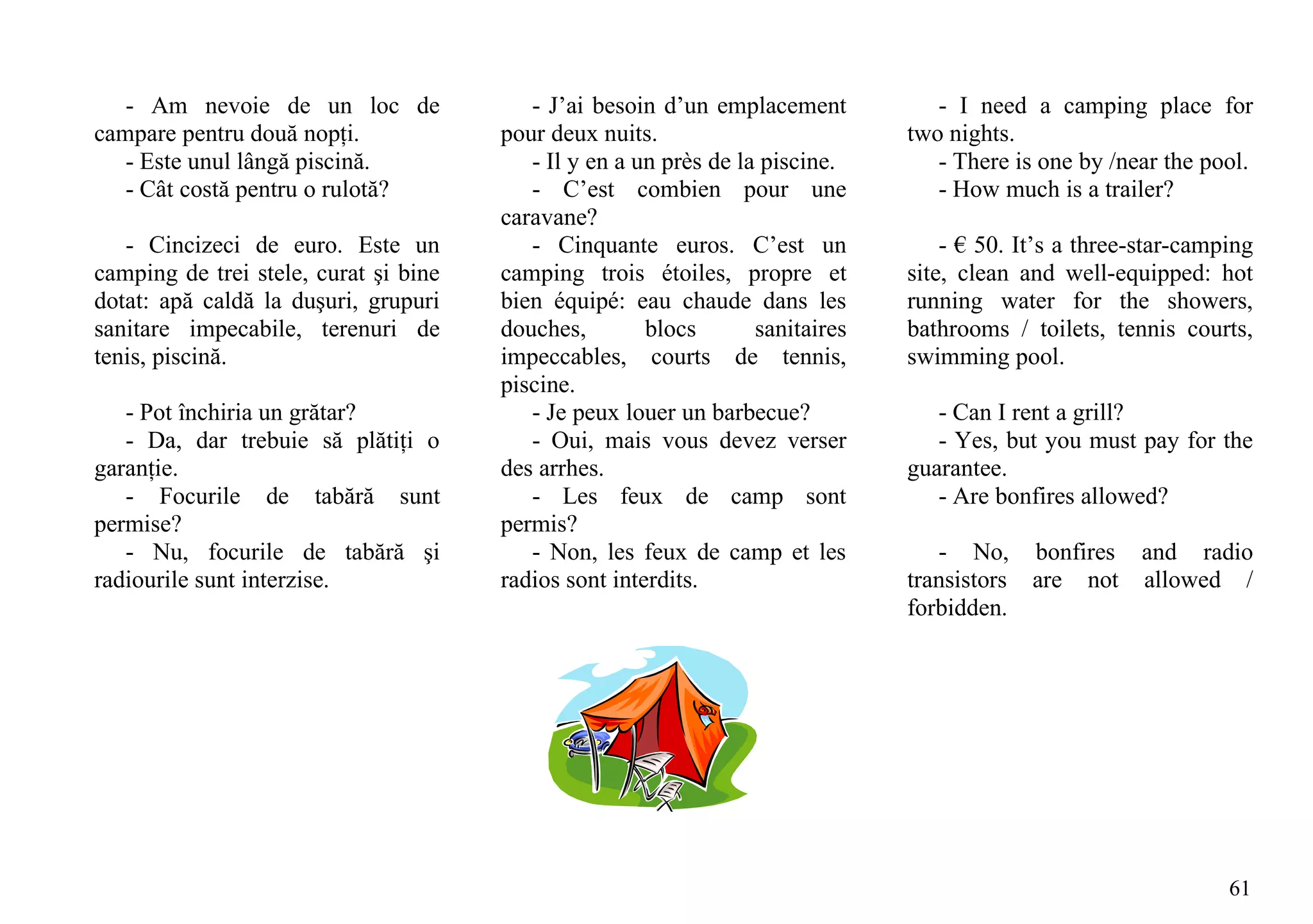 - Am nevoie de un loc de               - J’ai besoin d’un emplacement           - I need a camping place for
campare pentru două nopţi.             pour deux nuits.                         two nights.
   - Este unul lângă piscină.             - Il y en a un près de la piscine.       - There is one by /near the pool.
   - Cât costă pentru o rulotă?           - C’est combien pour une                 - How much is a trailer?
                                       caravane?
   - Cincizeci de euro. Este un           - Cinquante euros. C’est un               - € 50. It’s a three-star-camping
camping de trei stele, curat şi bine   camping trois étoiles, propre et         site, clean and well-equipped: hot
dotat: apă caldă la duşuri, grupuri    bien équipé: eau chaude dans les         running water for the showers,
sanitare impecabile, terenuri de       douches,        blocs       sanitaires   bathrooms / toilets, tennis courts,
tenis, piscină.                        impeccables, courts de tennis,           swimming pool.
                                       piscine.
   - Pot închiria un grătar?              - Je peux louer un barbecue?             - Can I rent a grill?
   - Da, dar trebuie să plătiţi o         - Oui, mais vous devez verser            - Yes, but you must pay for the
garanţie.                              des arrhes.                              guarantee.
   - Focurile de tabără sunt              - Les feux de camp sont                  - Are bonfires allowed?
permise?                               permis?
   - Nu, focurile de tabără şi            - Non, les feux de camp et les           - No, bonfires and radio
radiourile sunt interzise.             radios sont interdits.                   transistors are not allowed /
                                                                                forbidden.




                                                                                                                  61
 