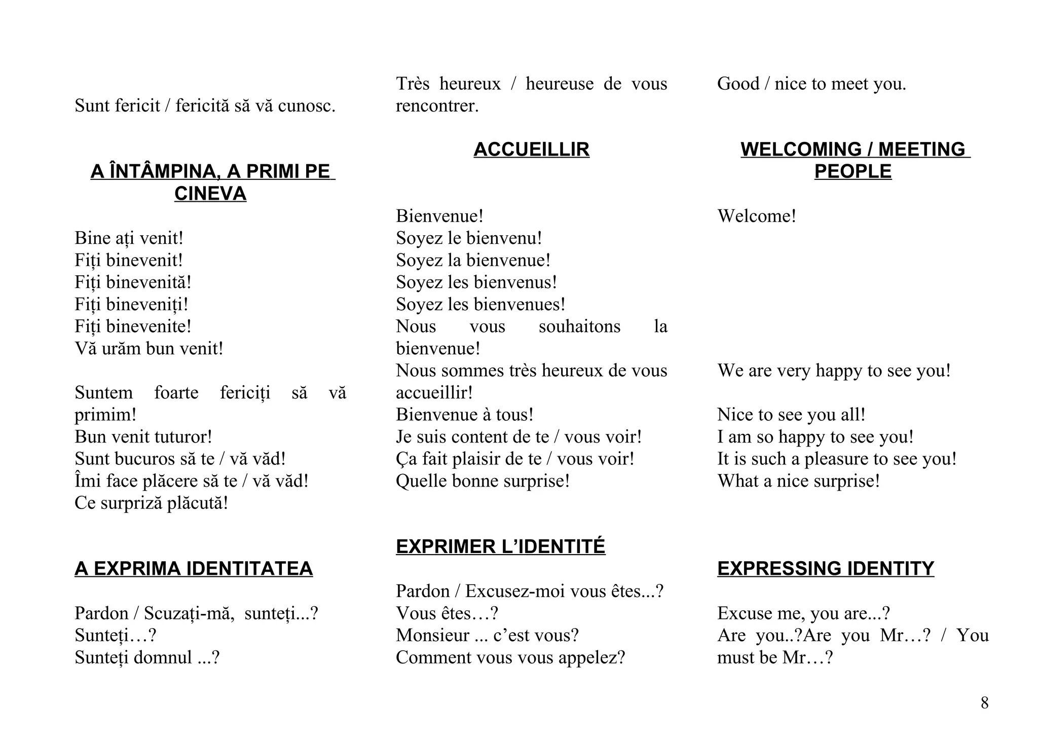 Très heureux / heureuse de vous         Good / nice to meet you.
Sunt fericit / fericită să vă cunosc.   rencontrer.

                                                  ACCUEILLIR                       WELCOMING / MEETING
  A ÎNTÂMPINA, A PRIMI PE                                                               PEOPLE
         CINEVA
                                        Bienvenue!                              Welcome!
Bine aţi venit!                         Soyez le bienvenu!
Fiţi binevenit!                         Soyez la bienvenue!
Fiţi binevenită!                        Soyez les bienvenus!
Fiţi bineveniţi!                        Soyez les bienvenues!
Fiţi binevenite!                        Nous      vous       souhaitons    la
Vă urăm bun venit!                      bienvenue!
                                        Nous sommes très heureux de vous        We are very happy to see you!
Suntem foarte fericiţi să vă            accueillir!
primim!                                 Bienvenue à tous!                       Nice to see you all!
Bun venit tuturor!                      Je suis content de te / vous voir!      I am so happy to see you!
Sunt bucuros să te / vă văd!            Ça fait plaisir de te / vous voir!      It is such a pleasure to see you!
Îmi face plăcere să te / vă văd!        Quelle bonne surprise!                  What a nice surprise!
Ce surpriză plăcută!

                                        EXPRIMER L’IDENTITÉ
A EXPRIMA IDENTITATEA                                                           EXPRESSING IDENTITY
                                        Pardon / Excusez-moi vous êtes...?
Pardon / Scuzaţi-mă, sunteţi...?        Vous êtes…?                             Excuse me, you are...?
Sunteţi…?                               Monsieur ... c’est vous?                Are you..?Are you Mr…? / You
Sunteţi domnul ...?                     Comment vous vous appelez?              must be Mr…?

                                                                                                                    8
 