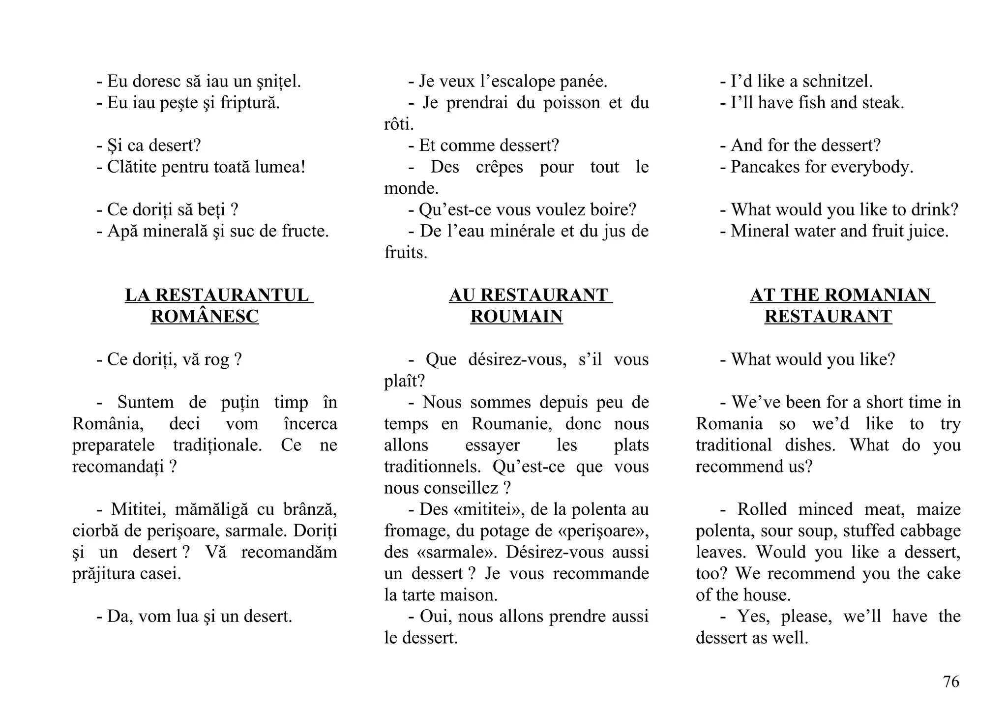 - Eu doresc să iau un şniţel.           - Je veux l’escalope panée.            - I’d like a schnitzel.
   - Eu iau peşte şi friptură.             - Je prendrai du poisson et du         - I’ll have fish and steak.
                                       rôti.
   - Şi ca desert?                         - Et comme dessert?                    - And for the dessert?
   - Clătite pentru toată lumea!           - Des crêpes pour tout le              - Pancakes for everybody.
                                       monde.
   - Ce doriţi să beţi ?                   - Qu’est-ce vous voulez boire?         - What would you like to drink?
   - Apă minerală şi suc de fructe.        - De l’eau minérale et du jus de       - Mineral water and fruit juice.
                                       fruits.

       LA RESTAURANTUL                          AU RESTAURANT                         AT THE ROMANIAN
         ROMÂNESC                                 ROUMAIN                              RESTAURANT

   - Ce doriţi, vă rog ?                   - Que désirez-vous, s’il vous          - What would you like?
                                       plaît?
   - Suntem de puţin timp în               - Nous sommes depuis peu de            - We’ve been for a short time in
România, deci vom încerca              temps en Roumanie, donc nous            Romania so we’d like to try
preparatele tradiţionale. Ce ne        allons      essayer      les    plats   traditional dishes. What do you
recomandaţi ?                          traditionnels. Qu’est-ce que vous       recommend us?
                                       nous conseillez ?
   - Mititei, mămăligă cu brânză,          - Des «mititei», de la polenta au       - Rolled minced meat, maize
ciorbă de perişoare, sarmale. Doriţi   fromage, du potage de «perişoare»,      polenta, sour soup, stuffed cabbage
şi un desert ? Vă recomandăm           des «sarmale». Désirez-vous aussi       leaves. Would you like a dessert,
prăjitura casei.                       un dessert ? Je vous recommande         too? We recommend you the cake
                                       la tarte maison.                        of the house.
   - Da, vom lua şi un desert.             - Oui, nous allons prendre aussi        - Yes, please, we’ll have the
                                       le dessert.                             dessert as well.

                                                                                                                76
 