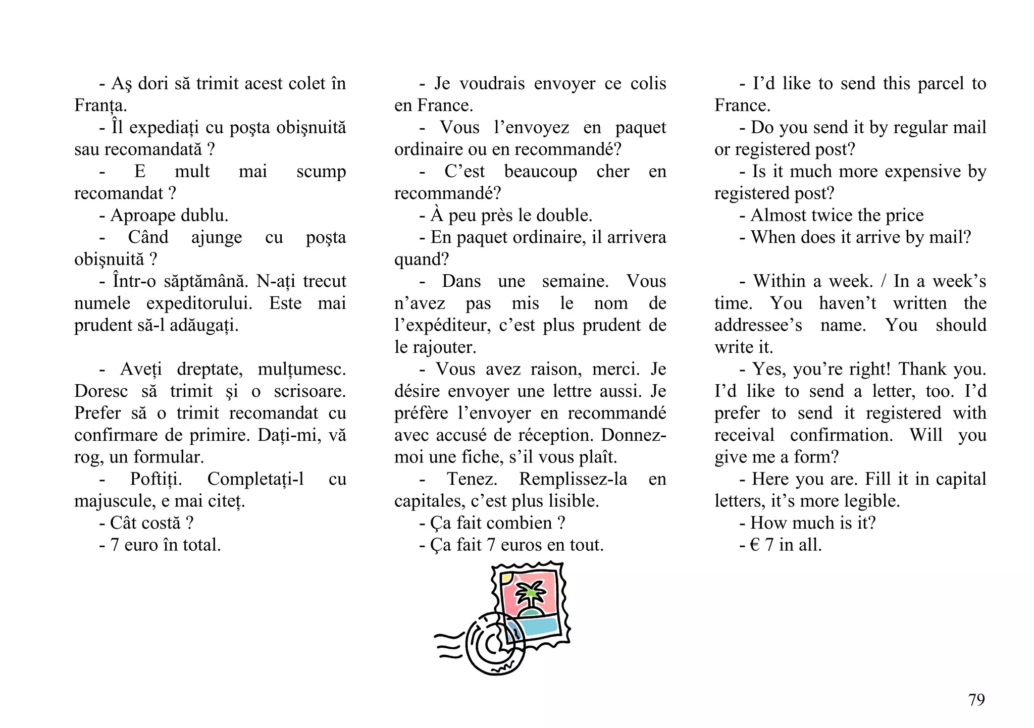 - Aş dori să trimit acest colet în       - Je voudrais envoyer ce colis           - I’d like to send this parcel to
Franţa.                                 en France.                               France.
   - Îl expediaţi cu poşta obişnuită        - Vous l’envoyez en paquet               - Do you send it by regular mail
sau recomandată ?                       ordinaire ou en recommandé?              or registered post?
   -     E    mult    mai     scump         - C’est beaucoup cher en                 - Is it much more expensive by
recomandat ?                            recommandé?                              registered post?
   - Aproape dublu.                         - À peu près le double.                  - Almost twice the price
   - Când ajunge cu poşta                   - En paquet ordinaire, il arrivera       - When does it arrive by mail?
obişnuită ?                             quand?
   - Într-o săptămână. N-aţi trecut         - Dans une semaine. Vous                 - Within a week. / In a week’s
numele expeditorului. Este mai          n’avez pas mis le nom de                 time. You haven’t written the
prudent să-l adăugaţi.                  l’expéditeur, c’est plus prudent de      addressee’s name. You should
                                        le rajouter.                             write it.
   - Aveţi dreptate, mulţumesc.             - Vous avez raison, merci. Je            - Yes, you’re right! Thank you.
Doresc să trimit şi o scrisoare.        désire envoyer une lettre aussi. Je      I’d like to send a letter, too. I’d
Prefer să o trimit recomandat cu        préfère l’envoyer en recommandé          prefer to send it registered with
confirmare de primire. Daţi-mi, vă      avec accusé de réception. Donnez-        receival confirmation. Will you
rog, un formular.                       moi une fiche, s’il vous plaît.          give me a form?
   - Poftiţi. Completaţi-l cu               - Tenez. Remplissez-la en                - Here you are. Fill it in capital
majuscule, e mai citeţ.                 capitales, c’est plus lisible.           letters, it’s more legible.
   - Cât costă ?                            - Ça fait combien ?                      - How much is it?
   - 7 euro în total.                       - Ça fait 7 euros en tout.               - € 7 in all.




                                                                                                                    79
 