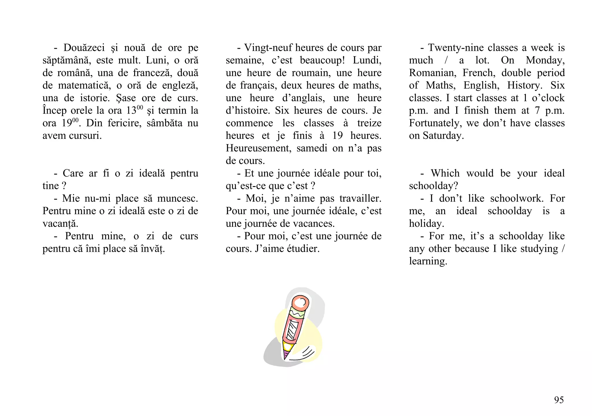 - Douăzeci şi nouă de ore pe           - Vingt-neuf heures de cours par       - Twenty-nine classes a week is
săptămână, este mult. Luni, o oră      semaine, c’est beaucoup! Lundi,       much / a lot. On Monday,
de română, una de franceză, două       une heure de roumain, une heure       Romanian, French, double period
de matematică, o oră de engleză,       de français, deux heures de maths,    of Maths, English, History. Six
una de istorie. Şase ore de curs.      une heure d’anglais, une heure        classes. I start classes at 1 o’clock
Încep orele la ora 1300 şi termin la   d’histoire. Six heures de cours. Je   p.m. and I finish them at 7 p.m.
ora 1900. Din fericire, sâmbăta nu     commence les classes à treize         Fortunately, we don’t have classes
avem cursuri.                          heures et je finis à 19 heures.       on Saturday.
                                       Heureusement, samedi on n’a pas
                                       de cours.
   - Care ar fi o zi ideală pentru       - Et une journée idéale pour toi,      - Which would be your ideal
tine ?                                 qu’est-ce que c’est ?                 schoolday?
   - Mie nu-mi place să muncesc.         - Moi, je n’aime pas travailler.       - I don’t like schoolwork. For
Pentru mine o zi ideală este o zi de   Pour moi, une journée idéale, c’est   me, an ideal schoolday is a
vacanţă.                               une journée de vacances.              holiday.
   - Pentru mine, o zi de curs           - Pour moi, c’est une journée de       - For me, it’s a schoolday like
pentru că îmi place să învăţ.          cours. J’aime étudier.                any other because I like studying /
                                                                             learning.




                                                                                                               95
 