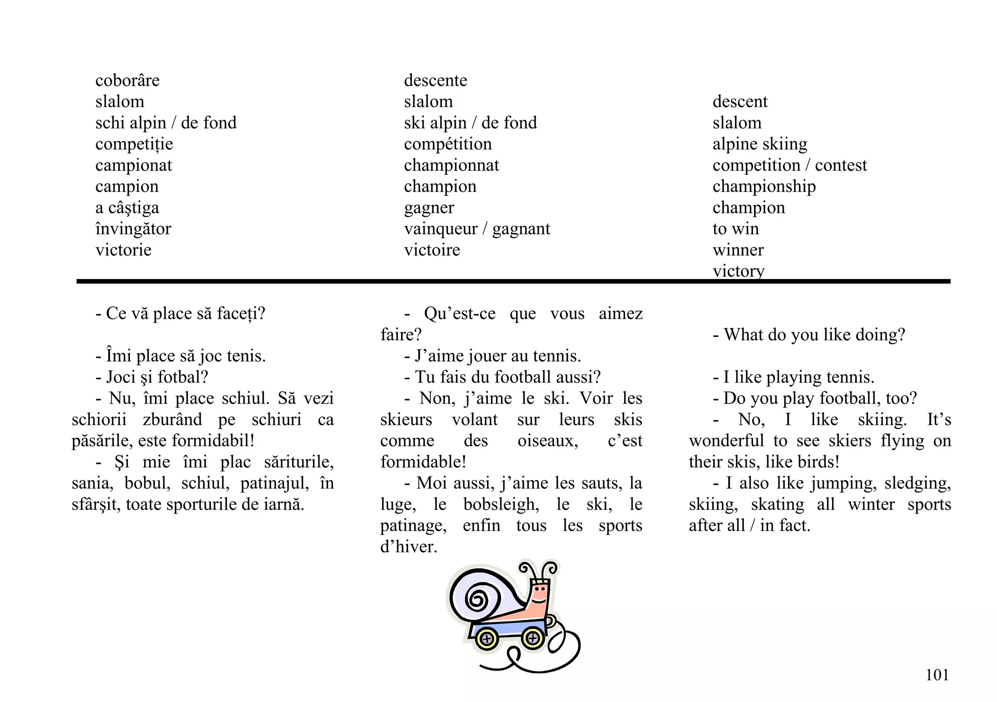 coborâre                              descente
   slalom                                slalom                                   descent
   schi alpin / de fond                  ski alpin / de fond                      slalom
   competiţie                            compétition                              alpine skiing
   campionat                             championnat                              competition / contest
   campion                               champion                                 championship
   a câştiga                             gagner                                   champion
   învingător                            vainqueur / gagnant                      to win
   victorie                              victoire                                 winner
                                                                                  victory

   - Ce vă place să faceţi?               - Qu’est-ce que vous aimez
                                      faire?                                      - What do you like doing?
   - Îmi place să joc tenis.              - J’aime jouer au tennis.
   - Joci şi fotbal?                      - Tu fais du football aussi?             - I like playing tennis.
   - Nu, îmi place schiul. Să vezi        - Non, j’aime le ski. Voir les           - Do you play football, too?
schiorii zburând pe schiuri ca        skieurs volant sur leurs skis                - No, I like skiing. It’s
păsările, este formidabil!            comme        des    oiseaux,     c’est   wonderful to see skiers flying on
   - Şi mie îmi plac săriturile,      formidable!                              their skis, like birds!
sania, bobul, schiul, patinajul, în       - Moi aussi, j’aime les sauts, la        - I also like jumping, sledging,
sfârşit, toate sporturile de iarnă.   luge, le bobsleigh, le ski, le           skiing, skating all winter sports
                                      patinage, enfin tous les sports          after all / in fact.
                                      d’hiver.




                                                                                                               101
 