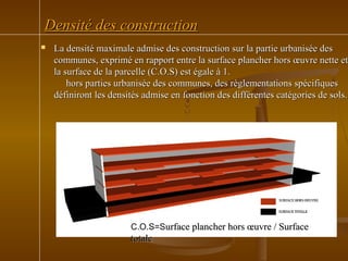 Densité des constructionDensité des construction
 La densité maximale admise des construction sur la partie urbanisée desLa densité maximale admise des construction sur la partie urbanisée des
communes, exprimé en rapport entre la surface plancher hors œuvre nette etcommunes, exprimé en rapport entre la surface plancher hors œuvre nette et
la surface de la parcelle (C.O.S) est égale à 1.la surface de la parcelle (C.O.S) est égale à 1.
hors parties urbanisée des communes, des règlementations spécifiqueshors parties urbanisée des communes, des règlementations spécifiques
définiront les densités admise en fonction des différentes catégories de sols.définiront les densités admise en fonction des différentes catégories de sols.
C.O.S=Surface plancher hors œuvre / Surfaceurface plancher hors œuvre / Surface
totaletotale
 