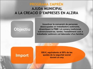 PROGRAMA EMPRÉN
AJUDA MUNICIPAL
A LA CREACIÓ D’EMPRESES EN ALZIRA
Objectiu
Incentivar la conversió de persones
desocupades en treballadors autònoms,
dinamitzant la PIME i el comerç tradicional,
subvencionant-se, també, l'establiment com a
treballador autònom col·laborador d'un familiar.
Import
550 €, equivalents al 50% de les
quotes de la seguritat social
durant un any
 
