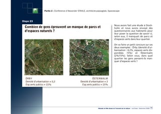 Partie 2 : Conférence d’Alexander STAHLE, architecte-paysagiste, Spacescape



Diapo 23
                                                                                        Nous avons fait une étude à Stock-
                                                                                        holm et nous avons envoyé des
                                                                                        questionnaires aux habitants pour
                                                                                        leur poser la question de savoir si,
                                                                                        selon eux, il manquait de parcs et
                                                                                        d’espaces verts dans leur quartier.

                                                                                        On va faire un petit concours sur ces
                                                                                        deux exemples : Örby (densité d’ur-
                                                                                        banisation : 0,2%, espaces verts dis-
                                                                                        ponibles 15%) et Östermalm
                                                                                        (2%/15%). Selon vous, dans quel
                                                                                        quartier les gens pensent-ils man-
                                                                                        quer d’espaces verts ?




                                                                                                                                                  41
                                                                «Réussir la Ville dense en l’ouvrant sur la nature» - Les Actes - Décembre 2009
 