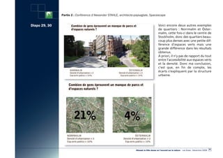 Partie 2 : Conférence d’Alexander STAHLE, architecte-paysagiste, Spacescape


Diapo 29, 30                                                                                Voici encore deux autres exemples
                                                                                            de quartiers : Norrmalm et Öster-
                                                                                            malm, cette fois-ci dans le centre de
                                                                                            Stockholm, donc des quartiers beau-
                                                                                            coup plus denses avec une petite dif-
                                                                                            férence d’espaces verts mais une
                                                                                            grande différence dans les résultats
                                                                                            obtenus.
                                                                                            à priori, il n’y pas de rapport du tout
                                                                                            entre l’accessibilité aux espaces verts
                                                                                            et la densité. Donc ma conclusion,
                                                                                            c’est que, en fin de compte, les
                                                                                            écarts s’expliquent par la structure
                                                                                            urbaine.




                                                                                                                                                      45
                                                                    «Réussir la Ville dense en l’ouvrant sur la nature» - Les Actes - Décembre 2009
 