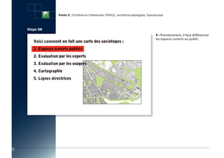 Partie 2 : Conférence d’Alexander STAHLE, architecte-paysagiste, Spacescape



     Diapo 58
                                                                                     1 - Premièrement, il faut différencier
                                                                                     les espaces ouverts au public.




64
 