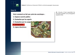 Partie 2 : Conférence d’Alexander STAHLE, architecte-paysagiste, Spacescape



Diapo 61
                                                                                        4 - Ensuite, il faut rassembler les
                                                                                        données et établir une cartographie
                                                                                        (système SIG).




                                                                                                                                                  67
                                                                «Réussir la Ville dense en l’ouvrant sur la nature» - Les Actes - Décembre 2009
 
