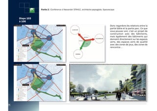 Partie 2 : Conférence d’Alexander STAHLE, architecte-paysagiste, Spacescape


     Diapo 103
     à 106
                                                                                       Donc regardons les relations entre la
                                                                                       partie bâtie et la partie parc. Ce que
                                                                                       vous pouvez voir, c’est un projet de
                                                                                       construction avec des bâtiments,
                                                                                       mais également des bâtiments qui
                                                                                       donnent directement sur les espaces
                                                                                       verts, des espaces verts de qualité
                                                                                       avec des zones de jeux, des zones de
                                                                                       rencontre…




98
 