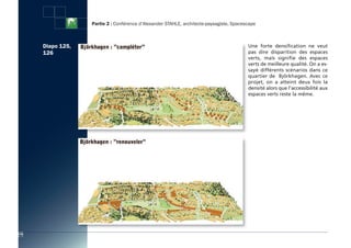 Partie 2 : Conférence d’Alexander STAHLE, architecte-paysagiste, Spacescape



      Diapo 125,                                                                          Une forte densification ne veut
      126                                                                                 pas dire disparition des espaces
                                                                                          verts, mais signifie des espaces
                                                                                          verts de meilleure qualité. On a es-
                                                                                          sayé différents scénarios dans ce
                                                                                          quartier de Björkhagen. Avec ce
                                                                                          projet, on a atteint deux fois la
                                                                                          densité alors que l’accessibilité aux
                                                                                          espaces verts reste la même.




110
 