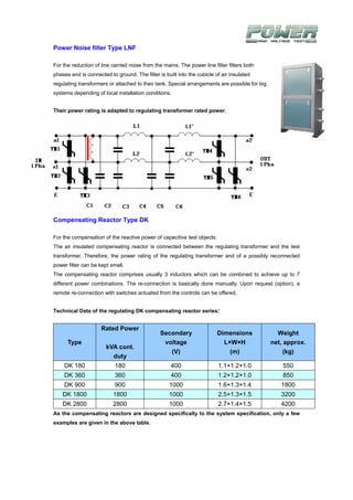 Power Noise filter Type LNF

For the reduction of line carried noise from the mains. The power line filter filters both
phases and is connected to ground. The filter is built into the cubicle of air insulated
regulating transformers or attached to their tank. Special arrangements are possible for big
systems depending of local installation conditions.


Their power rating is adapted to regulating transformer rated power.




Compensating Reactor Type DK

For the compensation of the reactive power of capacitive test objects:
The air insulated compensating reactor is connected between the regulating transformer and the test
transformer. Therefore, the power rating of the regulating transformer and of a possibly reconnected
power filter can be kept small.
The compensating reactor comprises usually 3 inductors which can be combined to achieve up to 7
different power combinations. The re-connection is basically done manually. Upon request (option), a
remote re-connection with switches actuated from the controls can be offered.


Technical Data of the regulating DK compensating reactor series:


                     Rated Power
                                               Secondary                 Dimensions              Weight
      Type                                      voltage                    L×W×H               net, approx.
                       kVA cont.
                                                  (V)                        (m)                    (kg)
                         duty
    DK 180                 180                      400                   1.1×1.2×1.0              550
    DK 360                 360                      400                  1.2×1.2×1.0               850
    DK 900                 900                      1000                  1.6×1.3×1.4             1800
    DK 1800               1800                      1000                 2.5×1.3×1.5              3200
    DK 2800               2800                      1000                  2.7×1.4×1.5             4200
As the compensating reactors are designed specifically to the system specification, only a few
examples are given in the above table.
 