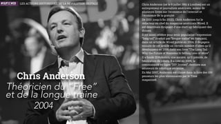 Richard Matthew Stallman (né à Manhattan, le 16
mars 1953) est un programmeur et militant du logiciel
libre.
Il lance, en 1983, le projet GNU, système d’exploitation
libre. Programmeur renommé de la communauté
informatique internationale, il a développé de
nombreux logiciels dont les plus connus sont
l’éditeur de texte Emacs, le compilateur C…
Depuis le milieu des années 1990, il consacre la
majeure partie de son temps à la promotion du
logiciel libre auprès de divers publics un peu partout
dans le monde. Depuis quelques années, il fait
également campagne contre les brevets logiciels et la
gestion des droits numériques (DRM).
Richard Matthew Stallman
Initiateur du logiciel libre
1983
INNOVATEURS
LES ACTEURS HISTORIQUES DE LA RÉVOLUTION NUMÉRIQUE
 