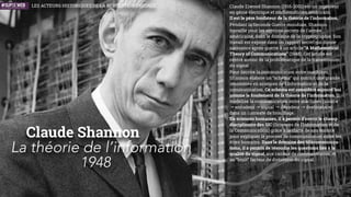 Alan Mathison Turing (1912 - 1954) est un
mathématicien, cryptologue et informaticien
britannique, auteur en 1936 d'un article de logique
mathématique devenu plus tard un des fondements
scientiﬁques de l'informatique.
Pour résoudre le problème fondamental de la
décidabilité en arithmétique, il y présente une
expérience de pensée (que l'on nommera ensuite
machine de Turing) et des concepts innovants de
programmation. Cette machine de Turing est l’ancêtre
de l’ordinateur, programmable et capable d’effectuer
n’importe quel calcul mathématique.
Avec d'autres logiciens (Church, Kleene, etc.), Turing
est à l'origine de la formalisation des concepts
d'algorithme et de calculabilité qui fonderont la
discipline informatique.
Durant la Seconde Guerre mondiale, il joue un rôle
majeur dans les recherches sur les cryptographies
générées par la machine Enigma utilisée par les
armées allemandes. Ses méthodes permirent de
casser ce code et, selon plusieurs historiens, de
raccourcir la capacité de résistance du régime nazi
de deux ans.
Alan Turing
La machine de Turing, 
précurseur de l’intelligence artificielle
1936
LES ACTEURS HISTORIQUES DE LA RÉVOLUTION NUMÉRIQUE
INNOVATEURS
 