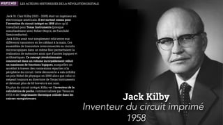 William Hewlett
1939
Le 1er janvier 1939, la société Hewlett-Packard est
fondée à Palo Alto par deux grands amis, ingénieurs
en électronique à l'université Stanford, William
Hewlett et David Packard. L’entreprise est créée dans
un garage à quelques kilomètres de San Francisco, en
Californie, dans ce qui ne s'appelle pas encore la
Silicon Valley. Ce garage est aujourd'hui un des
symboles du rêve américain. Il est considéré
ofﬁciellement par l'État de Californie comme le point
de départ de la Silicon Valley. Leur premier client, les
studios Walt Disney Pictures, leur achètent huit
oscillateurs à basse fréquence, le modèle 200B, à 71,50
dollars chacun, pour synchroniser les effets sonores
de leur ﬁlm Fantasia et développer le système
Fantasound (précurseur du Dolby Surround). À la ﬁn
de 1939, une demi-douzaine de nouveaux produits
d'électronique de mesure sont commercialisés et
connaissant un grand succès, donnant à Hewlett
Packard une réputation de qualité et de
ﬁabilité.Hewlett-Packard est devenu une des 40 plus
importantes entreprises multinationales du monde,
d’abord dans les domaines de l'électronique et de
l'instrumentation (scientiﬁque et médicale) puis dans
le domaine de l'informatique et des imprimantes.
Fondateurs de Hewlett-Packard
ENTREPRENEURS
David Packard
LES ACTEURS HISTORIQUES DE LA RÉVOLUTION NUMÉRIQUE
 