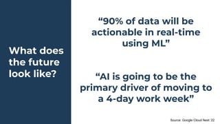What does
the future
look like?
“90% of data will be
actionable in real-time
using ML”
“AI is going to be the
primary driver of moving to
a 4-day work week”
Source: Google Cloud Next ‘22
 