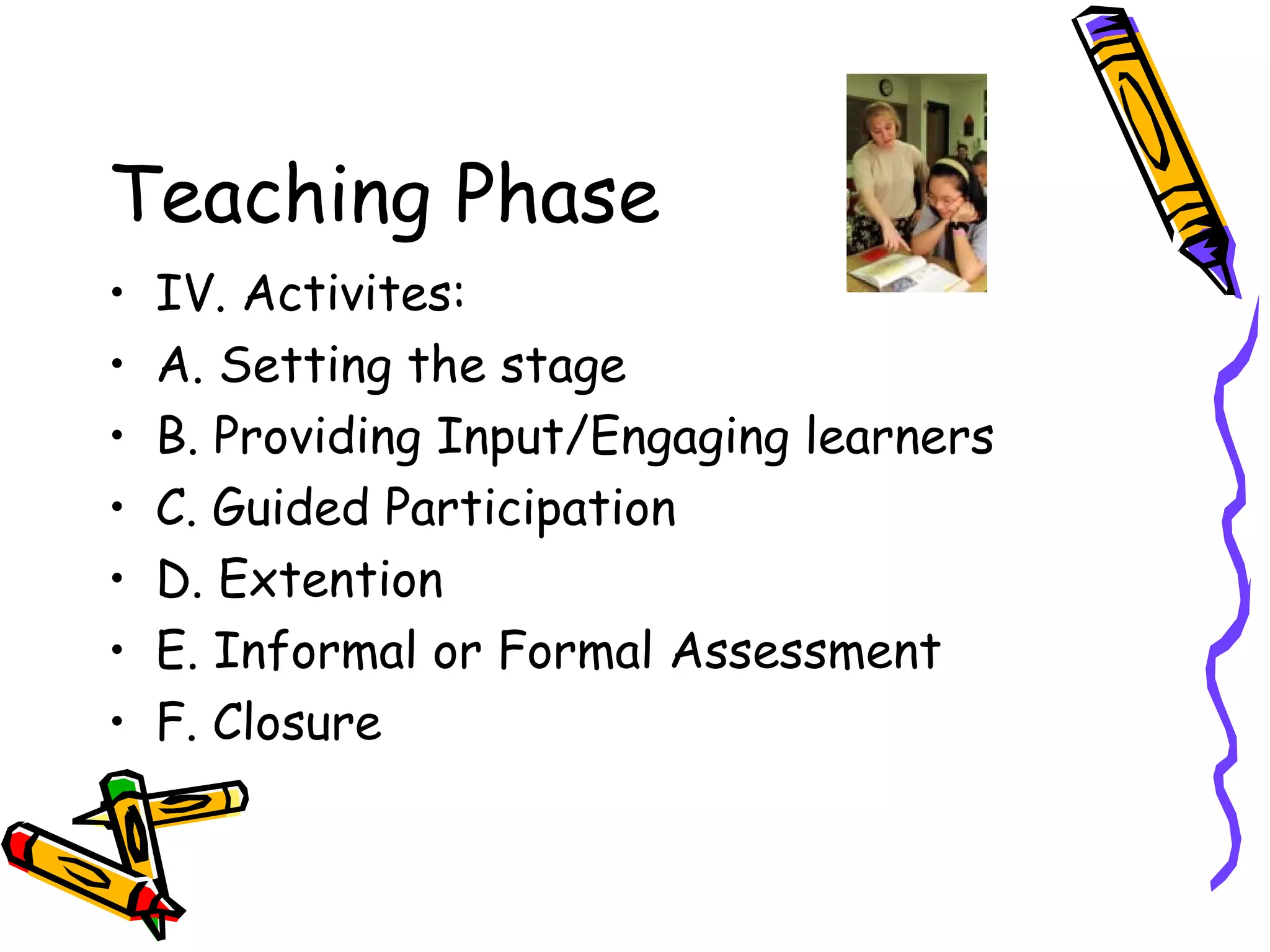 Teaching Phase IV. Activites:  A. Setting the stage B. Providing Input/Engaging learners C. Guided Participation D. Extention E. Informal or Formal Assessment F. Closure 