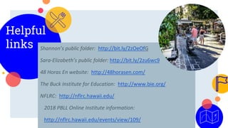 Helpful
links
14
Shannon’s public folder: http://bit.ly/2zOeOfG
Sara-Elizabeth’s public folder: http://bit.ly/2zu6wc9
48 Horas En website: http://48horasen.com/
The Buck Institute for Education: http://www.bie.org/
NFLRC: http://nflrc.hawaii.edu/
2018 PBLL Online Institute information:
http://nflrc.hawaii.edu/events/view/109/
 