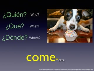 Who? 
come-eats 
http://www.solofoods.com/sites/solofoods.com/files/images/dog-eats-cupcake.jpg 
What? 
Where? 
¿Quién? 
¿Qué? 
¿Dónde? 
 