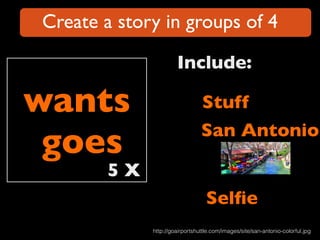 Create a story in groups of 4 
wants 
goes 
Stuff 
San Antonio 
Selfie 
5 X 
! 
Include: 
http://goairportshuttle.com/images/site/san-antonio-colorful.jpg 
 