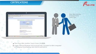 CERTIFICATIONS
Booz Allen Hamilton
Employee Portal
Guest Login
Project: Technical Developer and Functional Lead Consultant for BAH’s Integrated
8.9 Enterprise Portal Redesign with HCM 9.0 and ELM 9.0
Client: Booz Allen Hamilton, Tysons Corner, VA (2010).
 