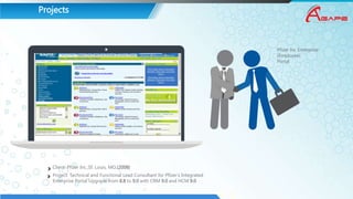 Projects
Pfizer Inc Enterprise
(Employee)
Portal
Project: Technical and Functional Lead Consultant for Pfizer’s Integrated
Enterprise Portal Upgrade from 8.8 to 9.0 with CRM 9.0 and HCM 9.0
Client: Pfizer Inc.,St. Louis, MO.(2008)
 