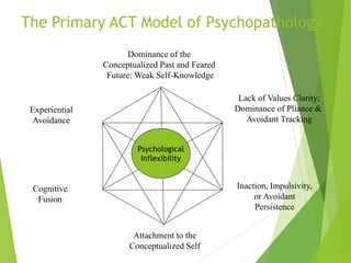 The Primary ACT Model of Psychopathology
Dominance of the
Conceptualized Past and Feared
Future: Weak Self-Knowledge
Inaction, Impulsivity,
or Avoidant
Persistence
Lack of Values Clarity;
Dominance of Pliance &
Avoidant Tracking
Attachment to the
Conceptualized Self
Experiential
Avoidance
Cognitive
Fusion
Psychological
Inflexibility
 