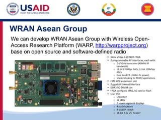 US-ASEAN Connectivity through Trade and Investment
WRAN Asean Group
We can develop WRAN Asean Group with Wireless Open-
Access Research Platform (WARP, http://warpproject.org)
base on open source and software-defined radio
 Xilinx Virtex-6 LX240T FPGA
 2 programmable RF interfaces, each with:
o 2.4/5GHz transceiver (40MHz RF
bandwidth)
o 12-bit 170MSps DACs, 12-bit 100MSps
ADCs
o Dual-band PA (20dBm Tx power)
o Shared clocking for MIMO applications
 FMC HPC expansion slot
 2 gigabit Ethernet interface
 DDR3 SO-DIMM slot
 FPGA config via JTAG, SD card or flash
 User I/O:
o USB-UART
o 12 LEDs
o 2 seven-segment displays
o 4 push buttons
o 4-bit DIP switch
o 16-bit 2.5v I/O header
 
