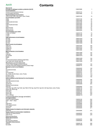 General
Principle of catalogue numbers, protection (Acti 9) CA901009E 1
Circuit protection
Choice of circuit protective devices CA901011E 2
Circuit breaker panorama CA901000E 4
Neutral breaking circuit breakers
i DPN, DT40, DT60, C40 (Clario, Librio, Prodis) CA901012E 14
Circuit breakers up to 63 A
iC60a CA901010E 26
iC60N CA901002E 31
iC60N double terminals CA901019E 40
iC60H CA901003E 45
iC60H double terminals CA901020E 54
iC60L CA901004E 58
iK60 (B curve) CA901006E 61
iK60 (C curve) CA901007E 64
iK60 Biconnect CA901027E 70
Circuit breakers up to 125 A
C120a, N, H (RSA) CA901017E 73
C120N CA901015E 78
C120H CA901016E 82
High performance circuit breakers
NG125a CM901027E 85
NG125N CM901028E 89
NG125H CM901029E 95
NG125L CM901030E 99
Direct current circuit breakers
C60H-DC CA901024E 105
C60PV-DC CA901031E 108
C60NA-DC CA901032E 112
SW60-DC CA901030E 116
Motor protection circuit breakers
P25M CM901026E 120
iC60LMA CA901005E 125
NG125LMA CM901031E 128
Fuses
STI CM901033E 132
DO fuse disconnectors switches (projet Dido) CA901035E 135
Fuse holder with indicator light SBI CM901034E 137
Residual current devices
Choice of earth leakage protection devices CA902000E 140
Overview of the earth leakage protection product range CA902011E 142
Residual current circuit breakers
iID CA902002E 145
iID double terminals CA902018E 161
iID K CA902007E 167
iID K biconnect CA902027E 171
IDc, ITG40, ID C40 (Clario, Librio, Prodis) CA902012E 173
RCCB-ID 125 A CM902001E 178
RCCB-ID type B CM902002E 180
Add-on residual current devices for circuit breakers
Vigi iC60 CA902005E 182
Vigi iC60 double terminals CA902019E 193
Vigi C120 CA902016E 199
Vigi NG125 CM902008E 204
Residual current devices
iDPN Vigi CA902026E 214
i DPN Vigi, Vigi i DPN, Vigi TG40, Vigi TG60, DT40 Vigi, Vigi DT40, Vigi C40, C40 Vigi (Clario, Librio, Prodis) CA902013E 217
DPNa Vigi, DPN N Vigi CA902014E 227
DPN Vigi K CA902032E 231
SPN N Vigi CA902017E 233
DPN N Vigi CA902037E 235
REDs, REDtest CM902017E 237
Load protection (surge arrester)
LV surge arresters
Choice of surge arresters CA903010E 244
iPRF1 - PRF1 - PRD1 CA903005E 248
iPF CA903001E 254
iPRD Acti 9 CA903008E 258
iPRD (white product) CA903002E 264
iQuick PRD CA903003E 268
iQuick PF CA903004E 271
Surge arresters for telephon and informatic networks
iPRC/iPRI CA903006E 273
Surge arresters for photovoltaic installations
iPRD-DC PV (white product) CA903007E 275
iPRD-PV-DC CA903009E 278
Disconnection
Switch-disconnectors
iSW Acti 9 CA904027E 282
SW Biconnect switches CA904030E 288
Trip switch-disconnectors
iSW-NA CA904013E 290
NG125NA CM901035E 292
ContentsActi9
 