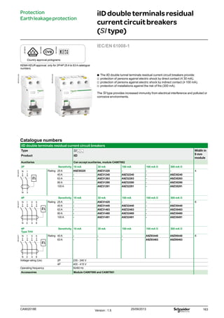 163
bb The iID double tunnel terminals residual current circuit breakers provide:
vv protection of persons against electric shock by direct contact (y 30 mA),
vv protection of persons against electric shock by indirect contact (u 100 mA),
vv protection of installations against the risk of fire (300 mA).
The SI type provides increased immunity from electrical interference and polluted or
corrosive environments.
IEC/EN 61008-1
DB106619
DB123865
DB123854
Country approval pictograms
iIDdoubleterminalsresidual
currentcircuitbreakers
(SItype)
Protection
Earthleakageprotection
Catalogue numbers
iID double terminals residual current circuit breakers
Type SI Width in
9 mm
module
Product iID
Auxiliaries Can accept auxiliaries, module CA907002
2P Sensitivity 10 mA 30 mA 100 mA 100 mA s 300 mA s
DB122476
Rating 25 A A9Z30225 A9Z31225 - - - 4
40 A - A9Z31240 A9Z32240 - A9Z35240
63 A - A9Z31263 A9Z32263 - A9Z35263
80 A A9Z31280 A9Z32280 - A9Z35280
100 A A9Z31291 A9Z32291 - A9Z35291
4P Sensitivity 10 mA 30 mA 100 mA 100 mA s 300 mA s
DB122477
Rating 25 A - A9Z31425 - - - 8
40 A - A9Z31440 A9Z32440 - A9Z35440
63 A - A9Z31463 A9Z32463 - A9Z35463
80 A - A9Z31480 A9Z32480 - A9Z35480
100 A - A9Z31491 A9Z32491 - A9Z35491
4P
Type THV
Sensitivity 10 mA 30 mA 100 mA 100 mA s 300 mA s
DB122477
Rating 40 A - - - A9Z93440 A9Z95440 8
63 A - - - A9Z93463 A9Z95463
Voltage rating (Ue) 2P 230 - 240 V
4P 400 - 415 V
Operating frequency 50/60 Hz
Accessoires Module CA907000 and CA907001
KEMA KEUR approval, only for 2P/4P 25 A to 63 A catalogue
numbers.
CA902018E Version : 1.5 25/09/2013
PB107413-40
PB107414-40
 