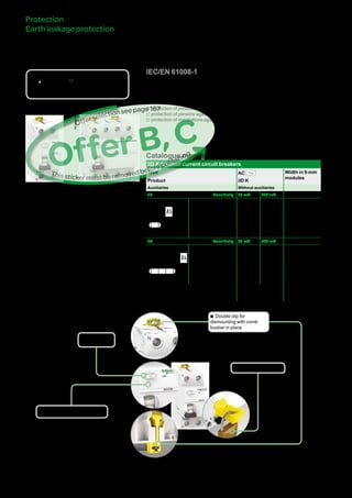 168
iIDKresidualcurrent
circuitbreakers
Catalogue numbers
iID K residual current circuit breakers
Type AC Width in 9-mm
modules
Product iID K
Auxiliaries Without auxiliaries
2P Sensitivity 30 mA 300 mA
DB122476
Rating 25 A A9R50225 A9R75225 4
40 A A9R50240 A9R75240
4P Sensitivity 30 mA 300 mA
DB122477
Rating 25 A A9R50425 A9R75425 8
40 A A9R50440 A9R75440
63 A A9R70463 A9R75463
Voltage rating (Ue) 2P 230 - 240 V
4P 400 - 415 V
Operating frequency 50/60 Hz
Protection
EarthleakageprotectionDB116619
DB123430
Country approval pictograms
IEC/EN 61008-1
bb The iID K residual current circuit breakers provide:
vv protection of persons against electric shock by direct contact (30 mA),
vv protection of persons against electric shock by indirect contact (300 mA)
vv protection of installations against the risk of fire (300 mA).
bb Test button
bb Large circuit labelling area
bb Double clip for
dismounting with comb
busbar in place
bb Padlocking device
OfferB,C
Thisstickermustberemovedbeforepublishing
Offerselectionseepage111
Version : 3.0 25/09/2013 CA902007E
PB104497-40PB104497-40
PB104498-40
 