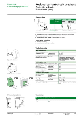 177
Protection
Earthleakageprotection
Residualcurrentcircuitbreakers
Clario,Librio,Prodis
Group Feeder (cont)
Connection
DB123947
Rating Tightening
torque
Copper cables
Rigid Flexible or
with ferrule
25 and 40 A 2 N.m 1 to 16 mm2
1 to 10 mm2
5.5 mm
13 mm
PZ2
bb Where there is a comb busbar tooth, the connection of cables of cross section
16 mm2
remains possible.
bb Connection by comb busbar or cables (as per EN 50027).
“Group Feeder” connection:
bb Upstream: by cables.
bb Downstream: direct by comb busbar.
Clip on DIN rail 35 mm.
Indifferent position of installation.
Technical data
Main characteristics
Insulation voltage (Ui) 440 V AC
Voltage rating (Ue) Phase-to-neutral 230 V AC
Phase-to-phase 400 V AC
Rated impulse withstand voltage (Uimp) 4 kV
Positive contact indication A green strip on the operating handle
guarantees opening of all the poles in
safety conditions for work to be carried
out on live parts
According to EN 61008
Rated residual breaking and making capacity (IΔm) 1 kA
Rated breaking and making
capacity (Im)
Instantaneous 1 kA
Selective s 630 A
Rated conditional short-
circuit current (Inc) identical
to the rated residual short-
circuit current (IΔc)
Instantaneous 6 kA
Selective s 630 A
Additional characteristics
Degree of protection
(IEC 60529)
Device only IP20
Device in modular
enclosure
IP40
Operating
temperature
AC Types -5°C to +40°C
A, SI types -25 °C to +40°C
Storage temperature -40°C to +70°C
Tropicalization (IEC 60068-1) Treatment 2 (relative humidity of 95 % at
55°C)
IP20 IP40
Dimensions (mm)
DB123800
OFF
36 44
5
5
70
76
45
85
Weight (g)
Residual current circuit breakers
Type
1P+N 205
Version : 2.3 25/09/2013CA902012E
DB123310DB123312DB123314
DB122945
DB122946
 
