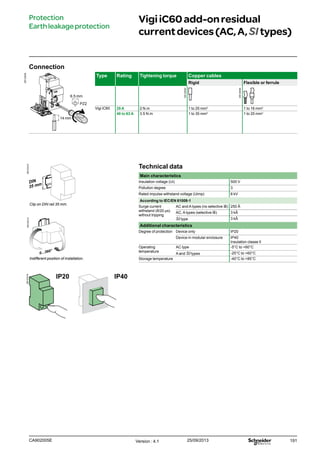191
VigiiC60add-onresidual
currentdevices(AC,A,SItypes)
Protection
Earthleakageprotection
Connection
DB122948
Type Rating Tightening torque Copper cables
Rigid Flexible or ferrule
Vigi iC60 25 A 2 N.m 1 to 25 mm2
1 to 16 mm2
40 to 63 A 3.5 N.m 1 to 35 mm2
1 to 25 mm2
PZ2
14 mm
6.5 mm
Technical data
Main characteristics
Insulation voltage (Ui) 500 V
Pollution degree 3
Rated impulse withstand voltage (Uimp) 6 kV
According to IEC/EN 61009-1
Surge current
withstand (8/20 μs)
without tripping
AC and A types (no selective s) 250 Â
AC, A types (selective s) 3 kÂ
SI type 3 kÂ
Additional characteristics
Degree of protection Device only IP20
Device in modular enclosure IP40
Insulation classe II
Operating
temperature
AC type -5°C to +60°C
A and SI types -25°C to +60°C
Storage temperature -40°C to +85°C
Clip on DIN rail 35 mm.
Indifferent position of installation.
IP20 IP40
Version : 4.1 25/09/2013CA902005E
DB123310DB123312DB123314
DB122945
DB122946
 