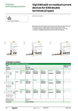 194
DB116619
Country approval pictograms
IEC/EN 61009-1
bb Combined with iC60 double tunnel terminals circuit breaker, the Vigi iC60 provide:
vv protection of persons against electric shock by direct contact (30 mA),
vv protection of persons against electric shock by indirect contact (u 100 mA),
vv protection of installations against the risk of fire (300 mA or 500 mA).
Catalogue numbers
Vigi iC60 add-on residual current devices
Type A Width in 9 mm
modules
Product Vigi iC60
Auxiliaries Without auxiliaries
2P Sensitivity 30 mA 100 mA 300 mA 300 mA s 500 mA
DB405510
N 2
Rating 25 A A9W21225 A9W22225 A9W24225 - A9W26225 3
63 A A9W21263 A9W22263 A9W24263 A9W25263 A9W26263 4
3P Sensitivity 30 mA 100 mA 300 mA 300 mA s 500 mA
DB122463
Rating 25 A A9W21325 - A9W24325 - A9W26325 6
63 A A9W21363 - A9W24363 A9W25363 A9W26363 7
4P Sensitivity 30 mA 100 mA 300 mA 300 mA s 500 mA
DB405511
N 2 4 6
Rating 25 A A9W21425 A9W22425 A9W24425 - A9W26425 6
63 A A9W21463 A9W22463 A9W24463 A9W25463 A9W26463 7
Voltage rating (Ue) 400 - 415 V
Operating frequency 50/60 Hz
Accessories Module CA907000
VigiiC60add-onresidualcurrent
devicesforiC60double
terminals(Atype)
Protection
Earthleakageprotection
Version : 1.3 25/09/2013 CA902019E
PB107416-40
PB107418-40
PB107420-40
 