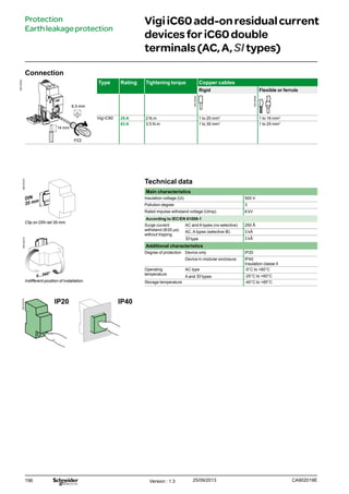 196
VigiiC60add-onresidualcurrent
devicesforiC60double
terminals(AC,A,SItypes)
Protection
Earthleakageprotection
Connection
DB124393
Type Rating Tightening torque Copper cables
Rigid Flexible or ferrule
Vigi iC60 25 A 2 N.m 1 to 25 mm2
1 to 16 mm2
63 A 3.5 N.m 1 to 35 mm2
1 to 25 mm2
PZ2
14 mm
6.5 mm
Technical data
Main characteristics
Insulation voltage (Ui) 500 V
Pollution degree 3
Rated impulse withstand voltage (Uimp) 6 kV
According to IEC/EN 61009-1
Surge current
withstand (8/20 μs)
without tripping
AC and A types (no selective) 250 Â
AC, A types (selective s) 3 kÂ
SI type 3 kÂ
Additional characteristics
Degree of protection Device only IP20
Device in modular enclosure IP40
Insulation classe II
Operating
temperature
AC type -5°C to +60°C
A and SI types -25°C to +60°C
Storage temperature -40°C to +85°C
Clip on DIN rail 35 mm.
Indifferent position of installation.
IP20 IP40
Version : 1.3 25/09/2013 CA902019E
DB122945
DB122946
DB123310DB123312DB123314
 