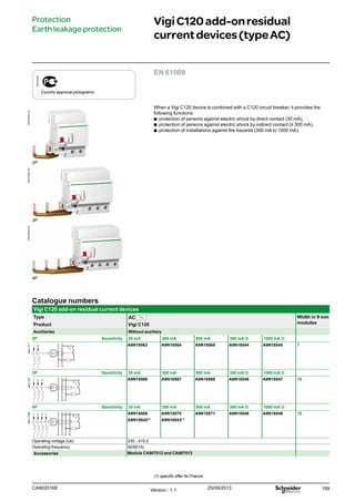 199
EN 61009
When a Vigi C120 device is combined with a C120 circuit breaker, it provides the
following functions:
bb protection of persons against electric shock by direct contact (30 mA),
bb protection of persons against electric shock by indirect contact (u 300 mA),
bb protection of installations against fire hazards (300 mA to 1000 mA).
Catalogue numbers
Vigi C120 add-on residual current devices
Type AC Width in 9 mm
modulesProduct Vigi C120
Auxiliaries Without auxiliary
2P Sensitivity 30 mA 300 mA 500 mA 300 mA s 1000 mA s
dess.077
2 4
T
1 3 A9N18563 A9N18564 A9N18565 A9N18544 A9N18545 7
3P Sensitivity 30 mA 300 mA 500 mA 300 mA s 1000 mA s
dess.079
2 4
T
1 3 5
6
A9N18566 A9N18567 A9N18568 A9N18546 A9N18547 10
4P Sensitivity 30 mA 300 mA 500 mA 300 mA s 1000 mA s
dess.078B
2 4
T
1 3 5 7
6 8
A9N18569
A9N18542(1)
A9N18570
A9N18543(1)
A9N18571 A9N18548 A9N18549 10
Operating voltage (Ue) 230...415 V
Operating frequency 50/60 Hz
Accessories Module CA907012 and CA907013
VigiC120add-onresidual
currentdevices(typeAC)
Protection
Earthleakageprotection
DB123430
Country approval pictograms
(1) specific offer for France
PB107924-30
2P
PB107925-30
3P
PB107926-30
4P
CA902016E Version : 1.1 25/09/2013
 