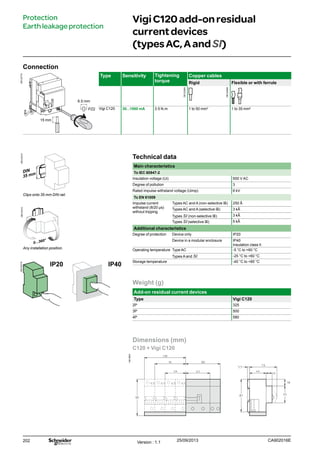 202
VigiC120add-onresidual
currentdevices
(types AC, Aand SI)
Protection
Earthleakageprotection
Connection
DB123774
Type Sensitivity Tightening
torque
Copper cables
Rigid Flexible or with ferrule
Vigi C120 30...1000 mA 3.5 N.m 1 to 50 mm2
1 to 35 mm2
Technical data
Main characteristics
To IEC 60947-2
Insulation voltage (Ui) 500 V AC
Degree of pollution 3
Rated impulse withstand voltage (Uimp) 6 kV
To EN 61009
Impulse current
withstand (8/20 μs)
without tripping
Types AC and A (non-selective s) 250 Â
Types AC and A (selective s) 3 kÂ
Types SI (non-selective s) 3 kÂ
Types SI (selective s) 5 kÂ
Additional characteristics
Degree of protection Device only IP20
Device in a modular enclosure IP40
Insulation class II
Operating temperature Type AC -5 °C to +60 °C
Types A and SI -25 °C to +60 °C
Storage temperature -40 °C to +85 °C
Weight (g)
Add-on residual current devices
Type Vigi C120
2P 325
3P 500
4P 580
Dimensions (mm)
C120 + Vigi C120
148-0503
Clips onto 35 mm DIN rail.
Any installation position.
IP20 IP40
6.5 mm
15 mm
PZ2
CA902016EVersion : 1.1 25/09/2013
DB122945
DB122946
DB123310DB123312DB123314
 