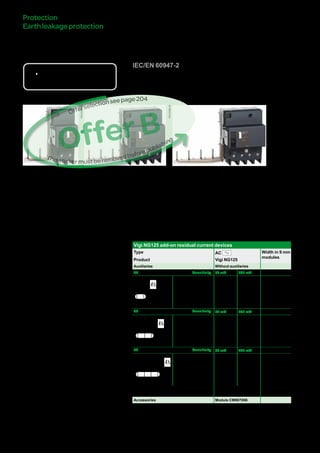 208
DB116619
DBxxxxxx
DBxxxxxx
DBxxxxxx
Country approval pictograms
IEC/EN 60947-2
bb When it is combined with an NG125 circuit breaker, the Vigi NG125 add-on
residual current device offers the following functions:
vv protection of persons against electric shocks by direct contact (30 mA),
vv protection of persons against electric shocks by indirect contact (300 mA),
vv protection of installations against fire risks (300 mA).
Catalogue numbers
Vigi NG125 add-on residual current devices
Type AC Width in 9 mm
modules
Product Vigi NG125
Auxiliaries Without auxiliaries
2P Sensitivity 30 mA 300 mA
DB122462
Rating 63 A 19000 19001 5
3P Sensitivity 30 mA 300 mA
DB122463
Rating 63 A 19002 19003 9
4P Sensitivity 30 mA 300 mA
DB122464
Rating 63 A 19004 19005 9
Voltage rating (Ue) 230 - 240 V, 400 - 415 V
Operating frequency 50/60 Hz
Accessories Module CM907006
VigiNG125add-onresidual
currentdevices(ACtype)
Protection
Earthleakageprotection
PB103986-40
PB103985-40
OfferB
Thisstickermustberemovedbeforepublishing
Offerselectionseepage222
Version : 2.2 25/09/2013 CM902008E
PB103984-40
 
