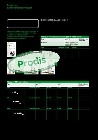 222
Protection
Earthleakageprotection
Vigimodulesandresidual
currentdevicesDT40
"Outgoer"
IEC/EN 61009-1 and 61009-2-1
DBxxxxxx
Country approval pictograms
Catalogue numbers
"Outgoer" DT40 Vigi modules
Type AC SI Width in 9-mm
modules
1P+N Sensitivity 30 mA 300 mA 30 mA 300 mA
DB123669
N
T
N
N
N
Rating 25 A A9N21450 A9N21451 A9N21454 A9N21455 2
40 A A9N21452 A9N21453 A9N21456 A9N21457
3P Sensitivity 30 mA 300 mA 30 mA 300 mA
DB123670
T
Rating 25 A A9N21460 A9N26461 A9N21464 A9N21465 4
40 A A9N21462 A9N26463 A9N21466 A9N21467
3P+N Sensitivity 30 mA 300 mA 30 mA 300 mA
DB123671
NN
T
NN
Rating 25 A A9N21470 A9N21471 A9N21474 A9N21475 4
40 A A9N21472 A9N21473 A9N21476 A9N21477
Fortheearthleakageprotectionof"outgoers",a
residualcurrentdeviceisbuiltbycombininga
circuitbreakerandaVigimodule.
"Outgoer"residualcurrentdevicesarealso
availableinmonoblocversion.
Catalogue numbers
DT40 Vigi residual current devices 4500 EN 61009 - C curve
Type AC Width in 9-mm
modules
Auxiliairies Add-on auxiliaries: see
modules CA907008 and
CA907010
1P+N Sensitivity 30 mA 300 mA
DB123672
N
T
N
Rating 10 A A9N21442 A9N21443 4
16 A A9N21444 A9N21445
Prodis
Thisstickermustberemovedbeforepublishing
Offerselectionseepage222
Version : 2.4 25/09/2013 CA902013E
PB107179-32PB107176-32
PB107177-32
PB107178-32
 