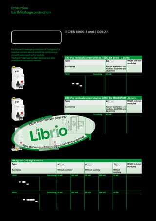224
Protection
Earthleakageprotection
Vigimodulesandresidual
currentdevicesC40
"Outgoer"
IEC/EN 61009-1 and 61009-2-1
DBxxxxxx
Country approval pictograms
Catalogue numbers
"Outgoer" C40 Vigi modules
Type AC A SI Width in 9-mm
modules
Auxiliairies Without auxiliairy Without auxiliairy Without
auxiliairy
1P+N Sensitivity 30 mA 300 mA 30 mA 300 mA 30 mA
DB123669
N
T
N
N
N
Rating 25 A A9N19440 A9N19441 A9N19450 A9N19451 A9N19460 2
40 A A9N19444 A9N19445 A9N19454 A9N19455 A9N19464
3P+N Sensitivity 30 mA 300 mA 30 mA 300 mA 30 mA
DB123671
NN
T
NN
Rating 25 A A9N19442 A9N19443 A9N19452 A9N19453 A9N19462 4
40 A A9N19446 A9N19447 A9N19456 A9N19457 A9N19466
Fortheearthleakageprotectionof"outgoers",a
residualcurrentdeviceisbuiltbycombininga
circuitbreakerandaVigimodule.
"Outgoer"residualcurrentdevicesarealso
availableinmonoblocversion.
Catalogue numbers
C40 Vigi residual current devices 4500 EN 61009 - C curve
Type AC Width in 9-mm
modules
Auxiliairies Add-on auxiliaries: see
modules CA907008 and
CA907010
1P+N Sensitivity 30 mA
DB123672
N
T
N
Rating 6 A A9N19275 4
10 A A9N19276
16 A A9N19277
20 A A9N19278
25 A A9N19279
32 A A9N19280
40 A A9N19281
C40 Vigi residual current devices 6000 EN 60898/61009 - C curve
Type AC Width in 9-mm
modules
Auxiliairies Add-on auxiliaries: see
modules CA907008 and
CA907010
1P+N Sensitivity 30 mA
N
T
N
Rating 6 A A9N19285 4
DB123672
10 A A9N19286
16 A A9N19287
20 A A9N19288
25 A A9N19289
32 A A9N19290
40 A A9N19291
Librio
Thisstickermustberemovedbeforepublishing
Offerselectionseepage222
Version : 2.4 25/09/2013 CA902013E
PB107906-32PB107908-32PB107909-32
PB107907-32
 