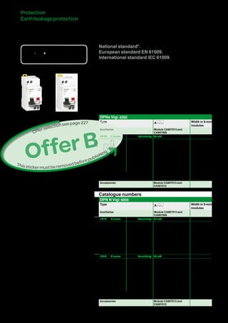 229
* Information to be provided by the country.
Catalogue numbers
DPNa Vigi 4500
Type A Width in 9-mm
modules
Auxiliaries Module CA907013 and
CA907008
1P+N C curve Sensitivity 30 mA
DB123871
N 1
R
N 2
Rating
(In)
10 A A9N19532 4
13 A A9N19533
16 A A9N19534
Voltage rating (Ue) 230 V AC
Operating frequency 50/60 Hz
Accessories Module CA907013 and
CA907012
Residualcurrentdevices
DPNaVigiandDPNNVigi(cont.)
Catalogue numbers
DPN N Vigi 6000
Type A Width in 9-mm
modules
Auxiliaries Module CA907013 and
CA907008
1P+N B curve Sensitivity 30 mA
DB123871
N 1
R
N 2
Rating
(In)
6 A A9N19753 4
10 A A9N19754
13 A A9N19755
16 A A9N19756
20 A A9N19757
25 A A9N19758
32 A A9N19759
40 A A9N19760
1P+N C curve Sensitivity 30 mA
DB123871
N 1
R
N 2
Rating
(In)
6 A A9N19771 4
10 A A9N19772
13 A A9N19773
16 A A9N19774
20 A A9N19775
25 A A9N19780
32 A A9N19777
40 A A9N19778
Voltage rating (Ue) 230 V AC
Operating frequency 50/60 Hz
Accessories Module CA907013 and
CA907012
Protection
Earthleakageprotection
bb The DPN Vigi residual current device provides complete protection for final circuits
(against overcurrents and insulation faults) it ensure the protection for people
against electric shocks by direct contacts.
DB123854
DB123619
e
Country approval pictograms
National standard*.
European standard EN 61009.
International standard IEC 61009.
Version : 2.5 25/09/2013CA902014E
OfferB
Thisstickermustberemovedbeforepublishing
Offerselectionseepage222
PB107168-35
PB107110-35
 