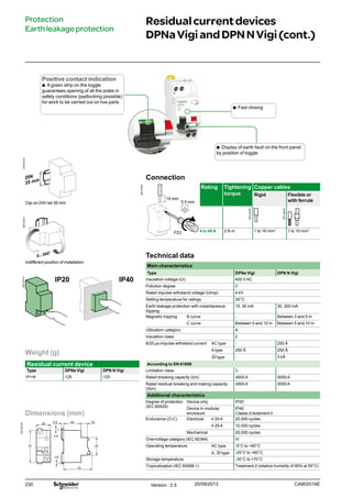 230
Dimensions (mm)
DB122729
36
81
3.6
4.8
445.5
72
45
16
Weight (g)
Residual current device
Type DPNa Vigi DPN N Vigi
1P+N 125 125
Residualcurrentdevices
DPNaVigiandDPNNVigi(cont.)
Protection
Earthleakageprotection
IP20 IP40
Clip on DIN rail 35 mm.
Indifferent position of installation.
Technical data
Main characteristics
Type DPNa Vigi DPN N Vigi
Insulation voltage (Ui) 400 V AC
Pollution degree 3
Rated impulse withstand voltage (Uimp) 4 kV
Setting temperature for ratings 30°C
Earth leakage protection with instantaneous
tripping
10, 30 mA 30, 300 mA
Magnetic tripping B curve - Between 3 and 5 In
C curve Between 5 and 10 In Between 5 and 10 In
Utilization category A
Insulation class 2
8/20 µs impulse withstand current AC type - 250 Â
A type 250 Â 250 Â
SI type - 3 kÂ
According to EN 61009
Limitation class 3
Rated breaking capacity (Icn) 4500 A 6000 A
Rated residual breaking and making capacity
(IΔm)
4500 A 6000 A
Additional characteristics
Degree of protection
(IEC 60529)
Device only IP20
Device in modular
enclosure
IP40
Classe d’isolement II
Endurance (O-C) Electrical y 20 A 20,000 cycles
u 25 A 10,000 cycles
Mechanical 20,000 cycles
Overvoltage category (IEC 60364) IV
Operating temperature AC type -5°C to +60°C
A, SI type -25°C to +60°C
Storage temperature -30°C to +70°C
Tropicalization (IEC 60068-1) Treatment 2 (relative humidity of 95% at 55°C)
Connection
DB123947
Rating Tightening
torque
Copper cables
Rigid Flexible or
with ferrule
4 to 40 A 2 N.m 1 to 16 mm2
1 to 10 mm2
5.5 mm
15 mm
PZ2
Positive contact indication
bb A green strip on the toggle
guarantees opening of all the poles in
safety conditions (padlocking possible)
for work to be carried out on live parts
bb Fast closing
bb Display of earth fault on the front panel
by position of toggle
Version : 2.5 25/09/2013 CA902014E
DB123310DB123312DB123314
DB122945
DB122946
 