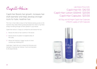 18
Lab Direct Price (US):
Capill-Hair Kit: $42.50
Capill-Hair Lotion (150ml): $23.00
Capill-Hair Capsules: $23.00
60 Day and 60 Night Capill-Hair Capsules
1 Month supply of 120 Capsules
Capill-Hair
Capill-Hair Boosts hair growth, increases hair
shaft diameter and helps develop stronger
roots for fuller, healthier hair.
Thin hair is most often a result of hair follicles lacking access to the
nutrients they need. Either by being blocked from them or by there
simply not being enough of them present in your blood.
Capill-Hair works in 3 ways to combat this and restore the hair.
1) 	 Boosts the level of hair nutrients in the blood.
2) 	 Boosts blood circulation to targeted areas of 	
the scalp.
3) 	 Allows the follicles to regain access to more
nutrients by inhibiting DHT.
Used daily, Capill-Hair will increase the thickness and
strength of existing hair follicles. It will not bring back
to life dead follicles.
 
