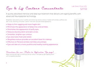 6
Eye & Lip Contour Concentrate
A quickly absorbed intensive and ideal eye treatment that delivers anti-ageing benefits with
advanced Neuropeptide technology.
Weightless, high potency serum soothes and renews eye and lip contours marked with wrinkles, puffiness and
dark circles, restoring a smoother, calmer, more even and well-rested appearance.
• Helps to firm sagging and more fragile skin.
• Minimises the appearance of deep lines and wrinkles.
• Diminishes the appearance of puﬀy eyes.
• Reduces discolouration and dark circles.
• Smoother, brighter eye contour.
• Eye area looks fresh and rested.
• Weightless texture provides an excellent base for makeup.
• Eﬀective on Perioral wrinkles (wrinkles around lips).
• Eyes will take on a more youthful and healthy looking appearance.
Directions for use: (Refer to Application Tips page)
Apply morning and night to entire eye and lip contour. Stimulate by light tapping action
until completely absorbed.
Lab Direct Price (US):
$27.50
 