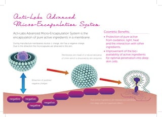 4
Pure active ingredients are released and penetrate
into deep cells for maximum effect.
Membranes are made of a natural derivative
of chitin which is dissolved by skin enzymes.
Attraction of positive/
negative charges
Acti-Labs Advanced
Micro-Encapsulation System
Acti-Labs Advanced Micro-Encapsulation System is the
encapsulation of pure active ingredients in a membrane.
During manufacture membranes receive + charge, skin has a negative charge. 			
Due to this attraction the microcapsules are attracted to the skin.
Cosmetic Benefits:
•	Protection of pure active
from oxidation, light, heat
and the interaction with other
ingredients.
•	Improvement of the bio-
availability of active ingredients
for optimal penetration into deep
skin cells.
 