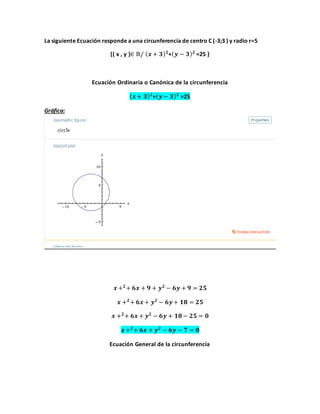La siguiente Ecuación responde a una circunferencia de centro C (-3;3 ) y radio r=5
{( x , y )∈ ℝ/ ( 𝒙 + 𝟑) 𝟐
+( 𝒚 − 𝟑) 𝟐
=25 }
Ecuación Ordinaria o Canónica de la circunferencia
( 𝒙 + 𝟑) 𝟐
+( 𝒚 − 𝟑) 𝟐
=25
Gráfica:
𝒙 + 𝟐
+ 𝟔𝒙 + 𝟗 + 𝒚 𝟐
− 𝟔𝒚 + 𝟗 = 𝟐𝟓
𝒙 + 𝟐
+ 𝟔𝒙 + 𝒚 𝟐
− 𝟔𝒚 + 𝟏𝟖 = 𝟐𝟓
𝒙 + 𝟐
+ 𝟔𝒙 + 𝒚 𝟐
− 𝟔𝒚 + 𝟏𝟖 − 𝟐𝟓 = 𝟎
𝒙 + 𝟐
+ 𝟔𝒙 + 𝒚 𝟐
− 𝟔𝒚 − 𝟕 = 𝟎
Ecuación General de la circunferencia
 