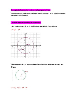 Conceptode la circunferenciacomolugar geométrico:
Son todos los puntos del plano que tienen la misma distancia, de un puntofijo llamado
centro de la circunferencia.
Casos de la ecuaciónde la circunferencia:
1-FormaOrdinariade la Circunferenciaconcentroenel Origen.
2-FormaOrdinariao Canónica de la circunferencia conCentrofueradel
Origen.
 