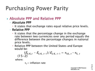    Absolute PPP and Relative PPP
    ◦ Absolute PPP
      It states that exchange rates equal relative price levels.
    ◦ Relative PPP
      It states that the percentage change in the exchange
       rate between two currencies over any period equals the
       difference between the percentage changes in national
       price levels.
      Relative PPP between the United States and Europe
       would be:
             (E$/€,t - E$/€, t –1)/E$/€, t –1 =   US, t   -   E, t
         (15-2)
       where:
                t=   inflation rate
                                                                                  Sli
                                                                                  de
                                                      Copyright © 2003 Pearson   15-
                                                      Education, Inc.             10
 