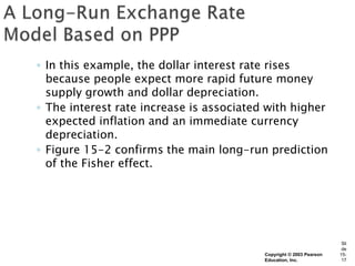 ◦ In this example, the dollar interest rate rises
  because people expect more rapid future money
  supply growth and dollar depreciation.
◦ The interest rate increase is associated with higher
  expected inflation and an immediate currency
  depreciation.
◦ Figure 15-2 confirms the main long-run prediction
  of the Fisher effect.




                                                                      Sli
                                                                      de
                                          Copyright © 2003 Pearson   15-
                                          Education, Inc.             17
 