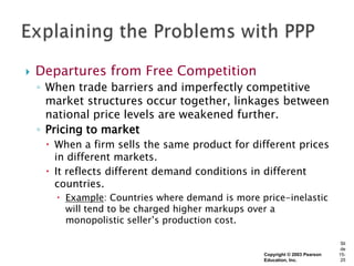    Departures from Free Competition
    ◦ When trade barriers and imperfectly competitive
      market structures occur together, linkages between
      national price levels are weakened further.
    ◦ Pricing to market
      When a firm sells the same product for different prices
       in different markets.
      It reflects different demand conditions in different
       countries.
        Example: Countries where demand is more price-inelastic
         will tend to be charged higher markups over a
         monopolistic seller’s production cost.

                                                                              Sli
                                                                              de
                                                  Copyright © 2003 Pearson   15-
                                                  Education, Inc.             25
 